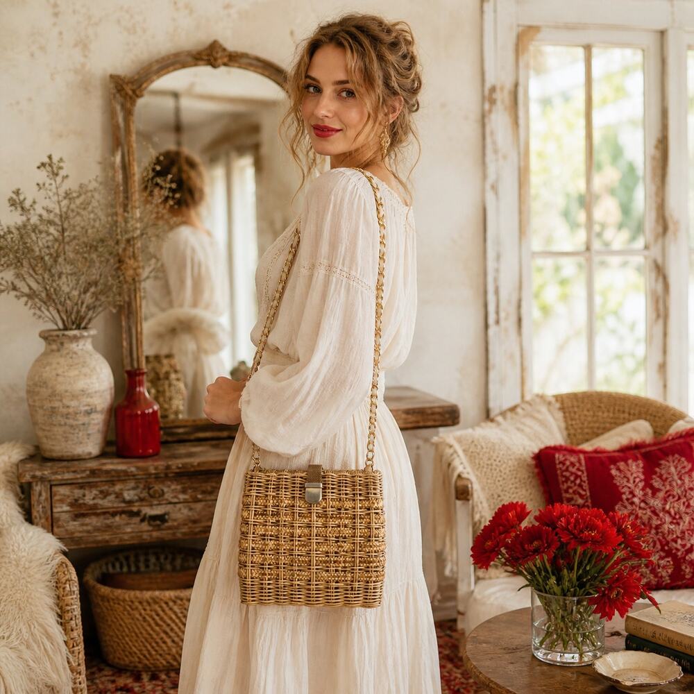 60s Raffia Box Purse Faux Wicker Shoulder Bag Gold Chain Handbag